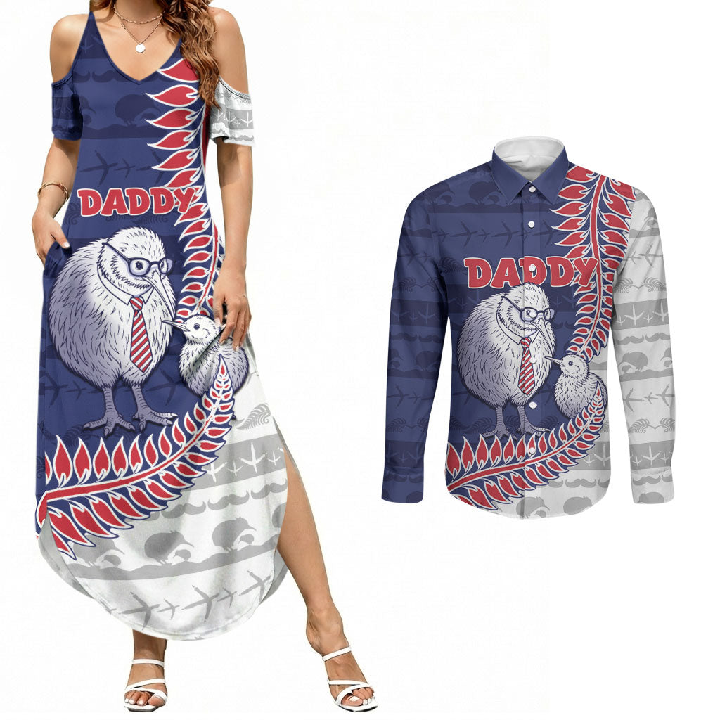 Personalised New Zealand Father's Day Couples Matching Summer Maxi Dress and Long Sleeve Button Shirt Daddy Kiwi Bird Silver Ferns