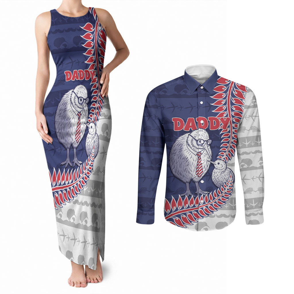 Personalised New Zealand Father's Day Couples Matching Tank Maxi Dress and Long Sleeve Button Shirt Daddy Kiwi Bird Silver Ferns