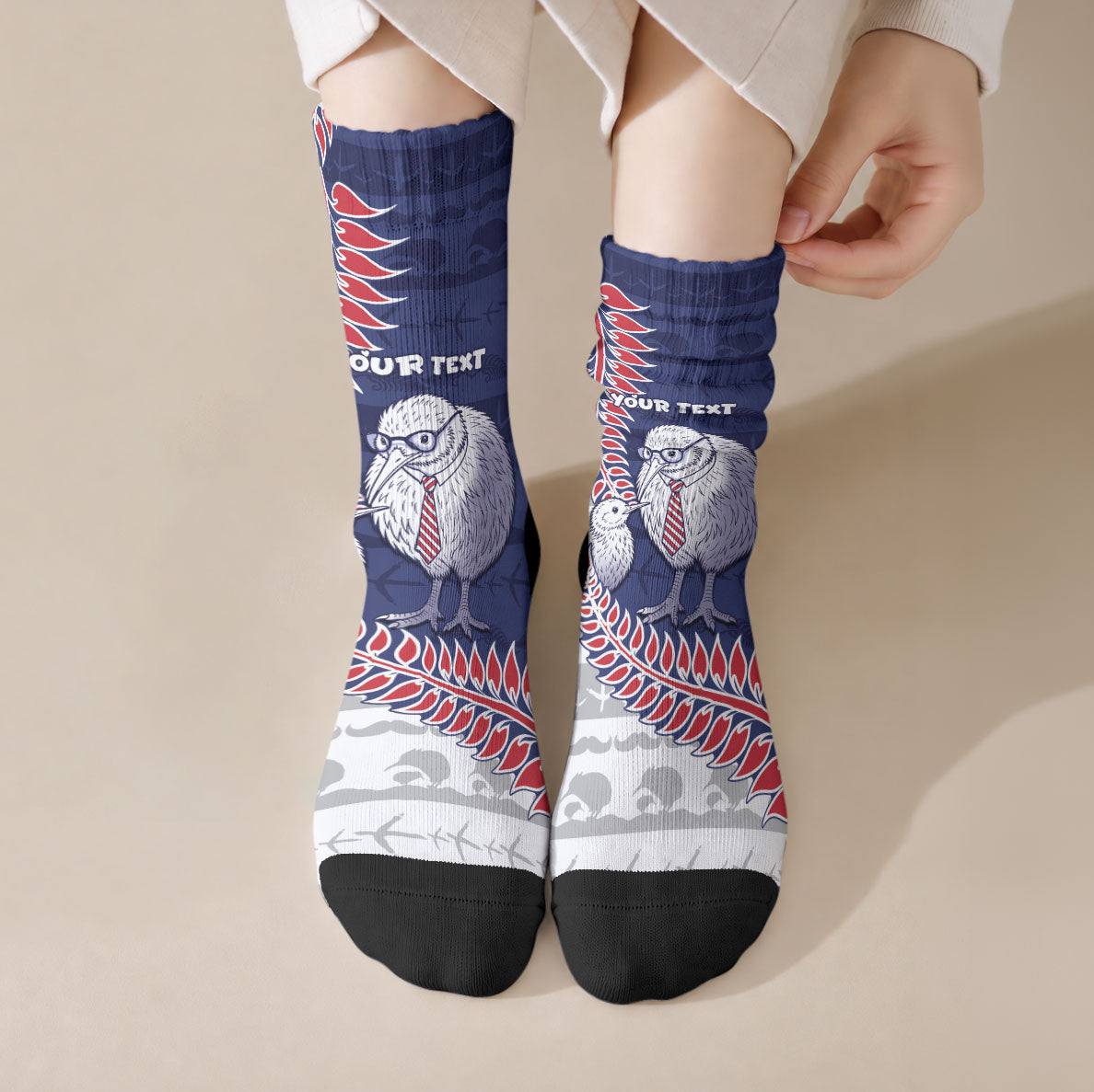 Personalised New Zealand Father's Day Crew Socks Daddy Kiwi Bird Silver Ferns DT05 Crew Socks Navy - Polynesian Pride