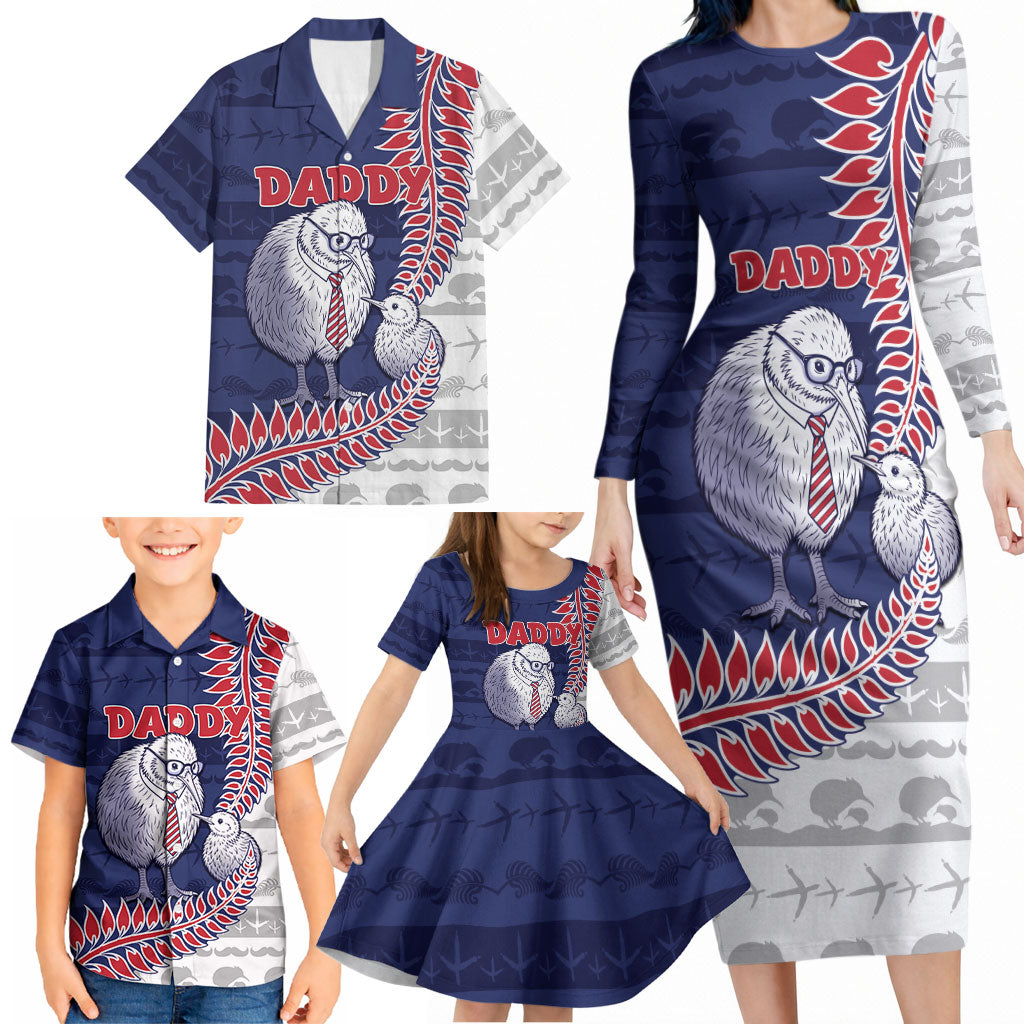 Personalised New Zealand Father's Day Family Matching Long Sleeve Bodycon Dress and Hawaiian Shirt Daddy Kiwi Bird Silver Ferns