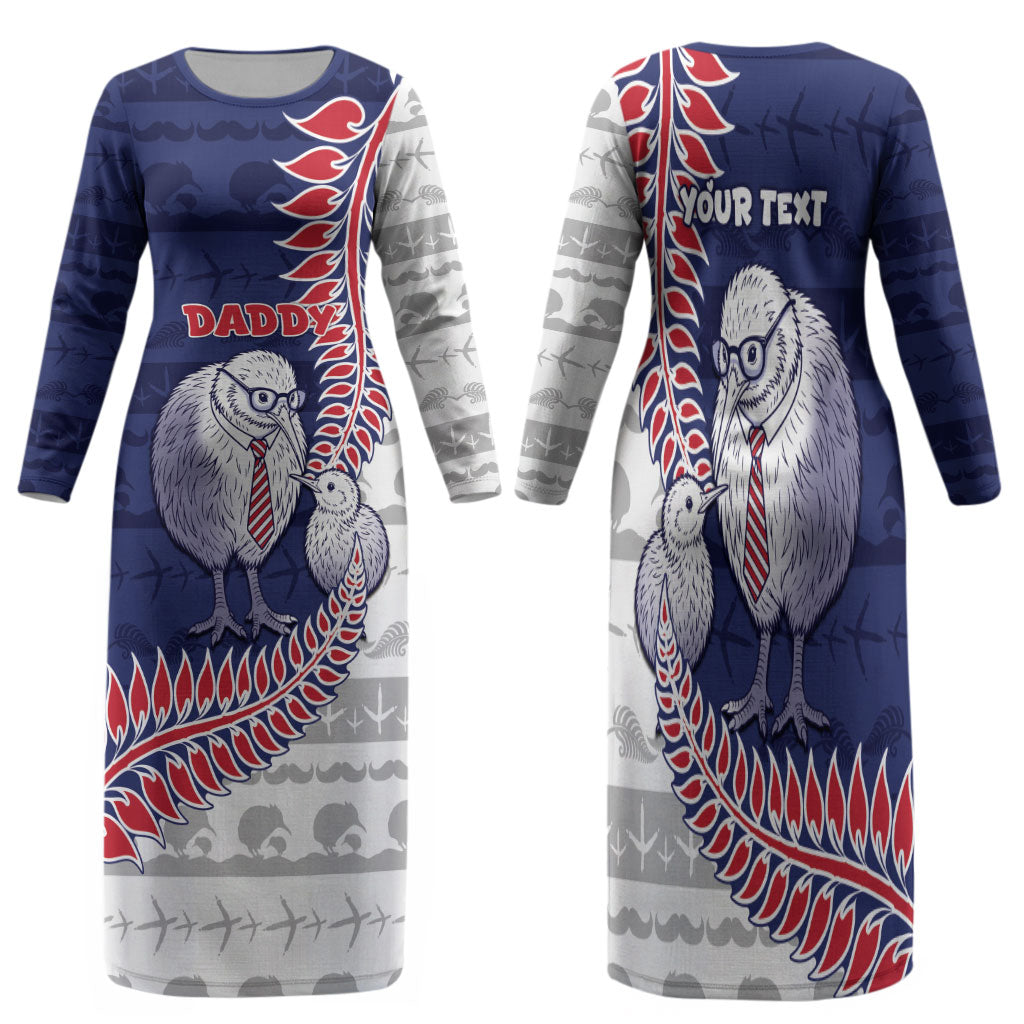 Personalised New Zealand Father's Day Family Matching Long Sleeve Bodycon Dress and Hawaiian Shirt Daddy Kiwi Bird Silver Ferns