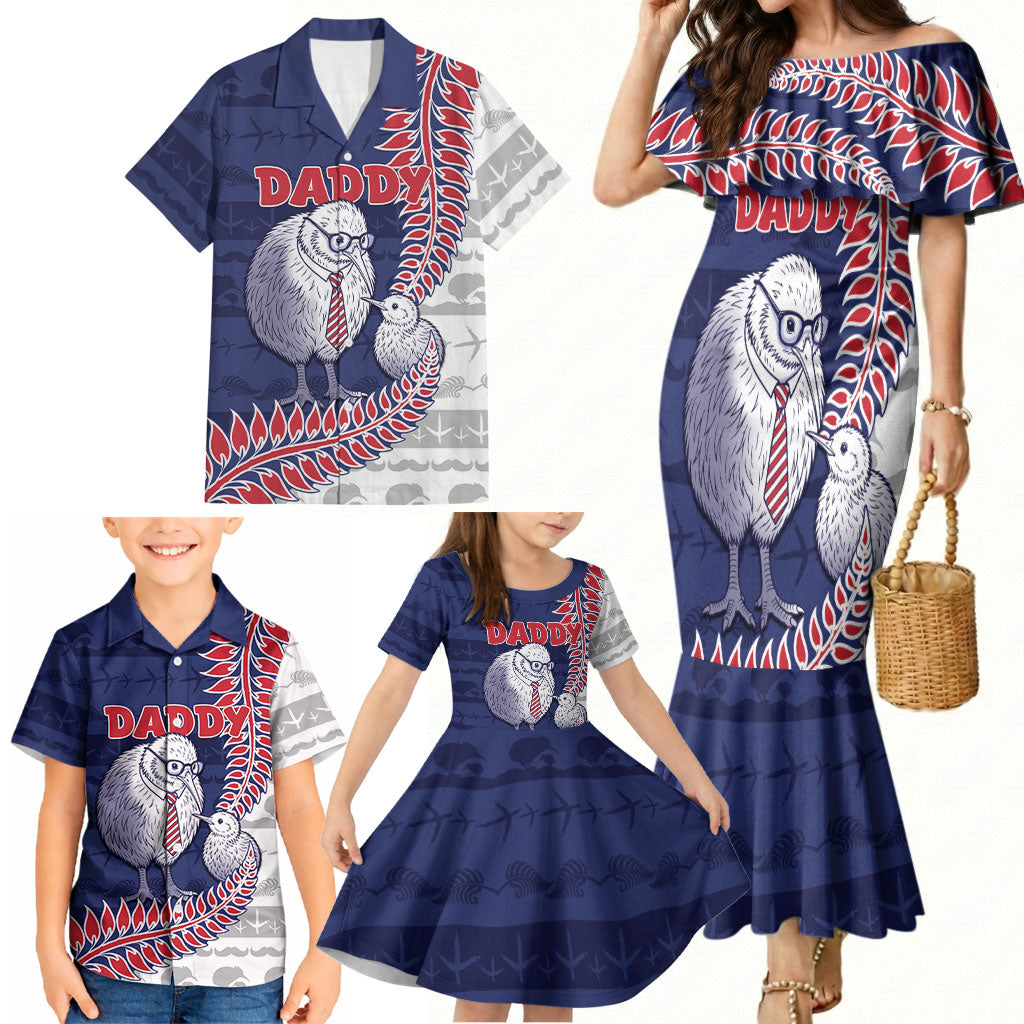 Personalised New Zealand Father's Day Family Matching Mermaid Dress and Hawaiian Shirt Daddy Kiwi Bird Silver Ferns