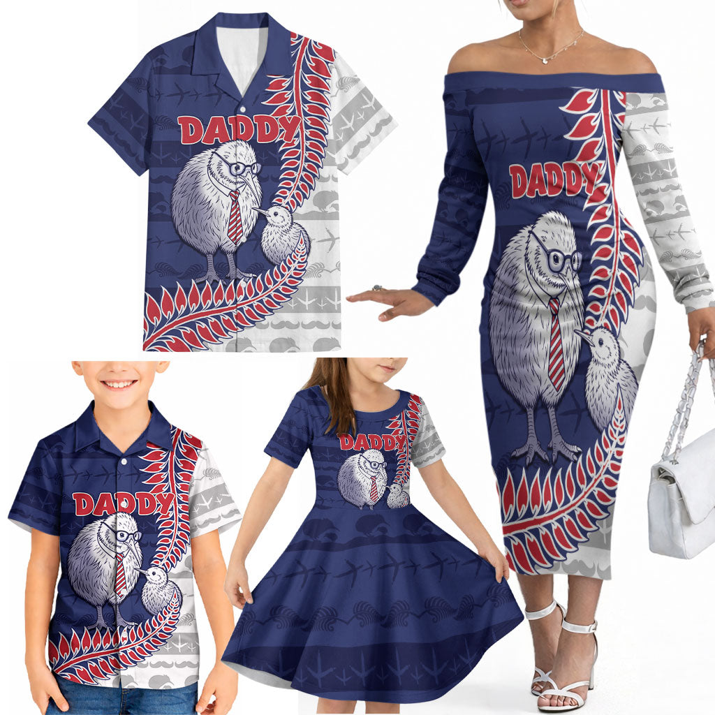 Personalised New Zealand Father's Day Family Matching Off The Shoulder Long Sleeve Dress and Hawaiian Shirt Daddy Kiwi Bird Silver Ferns