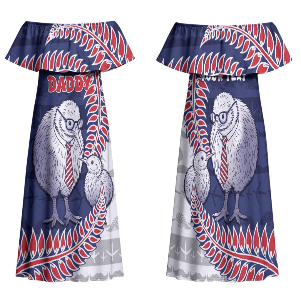 Personalised New Zealand Father's Day Family Matching Off Shoulder Maxi Dress and Hawaiian Shirt Daddy Kiwi Bird Silver Ferns
