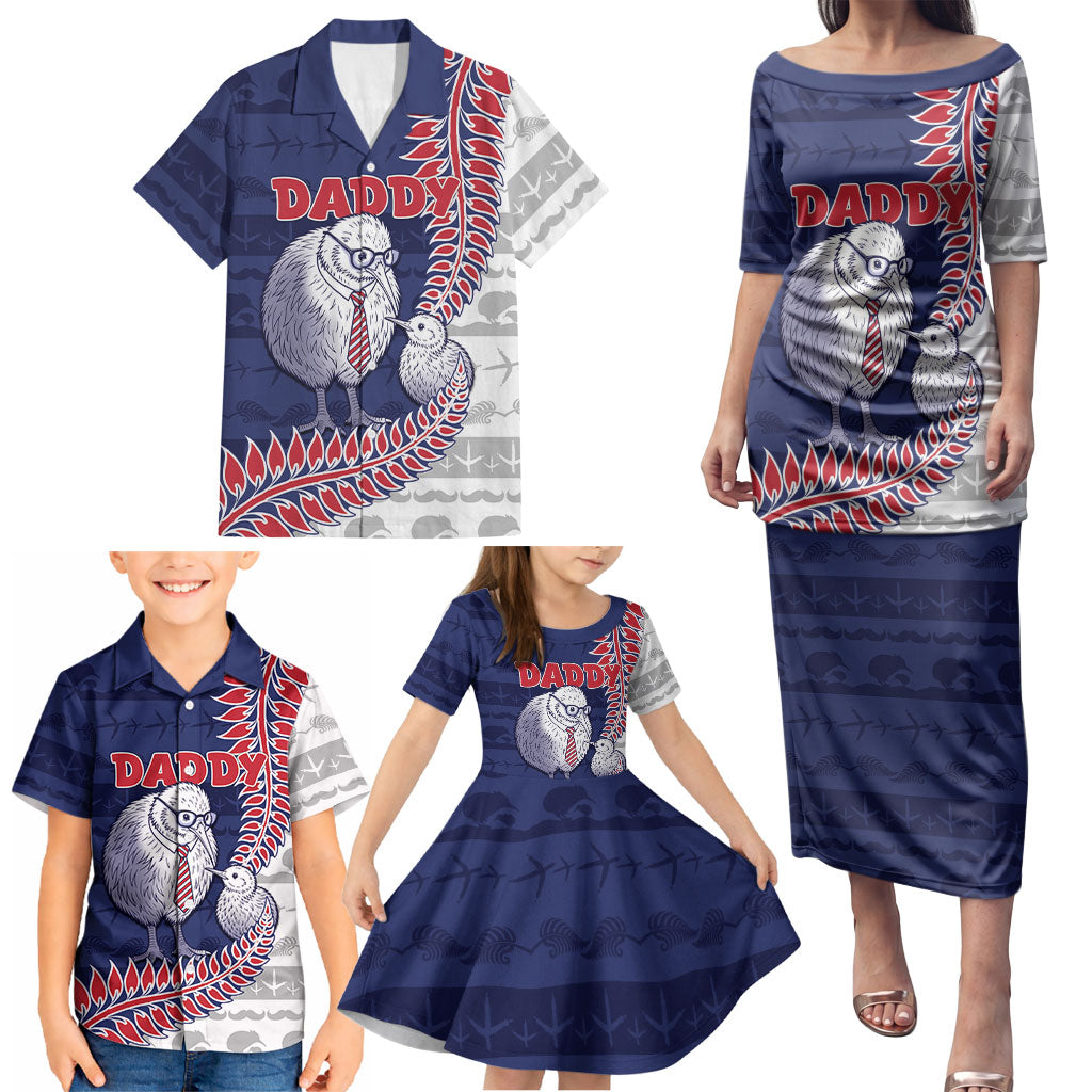 Personalised New Zealand Father's Day Family Matching Puletasi and Hawaiian Shirt Daddy Kiwi Bird Silver Ferns
