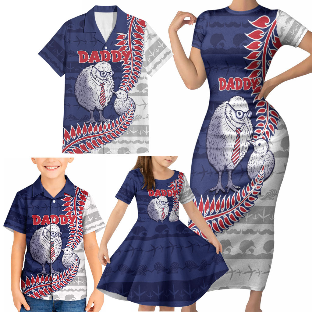 Personalised New Zealand Father's Day Family Matching Short Sleeve Bodycon Dress and Hawaiian Shirt Daddy Kiwi Bird Silver Ferns