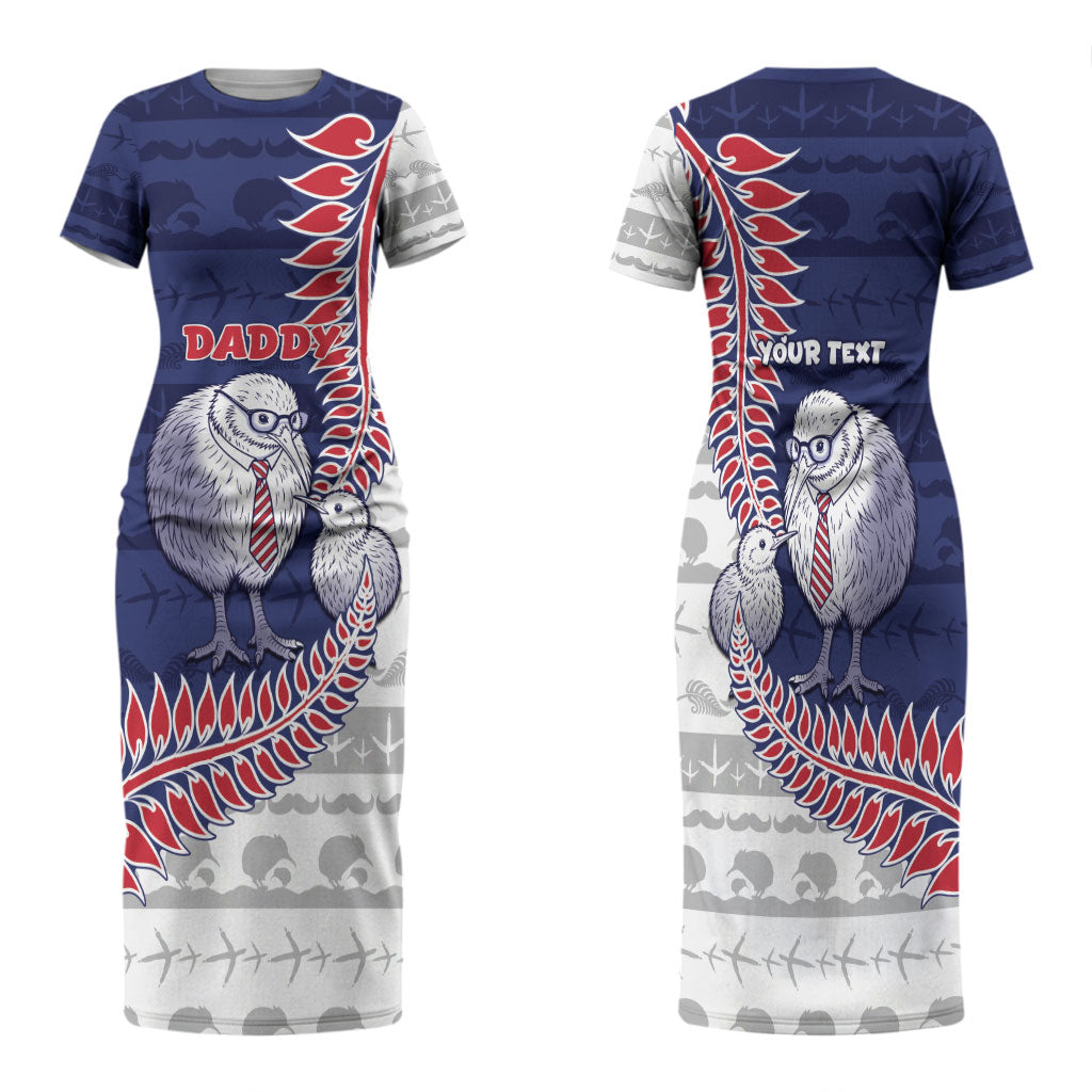 Personalised New Zealand Father's Day Family Matching Short Sleeve Bodycon Dress and Hawaiian Shirt Daddy Kiwi Bird Silver Ferns