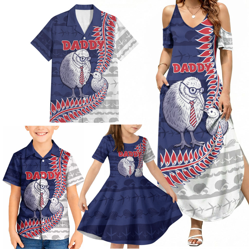 Personalised New Zealand Father's Day Family Matching Summer Maxi Dress and Hawaiian Shirt Daddy Kiwi Bird Silver Ferns