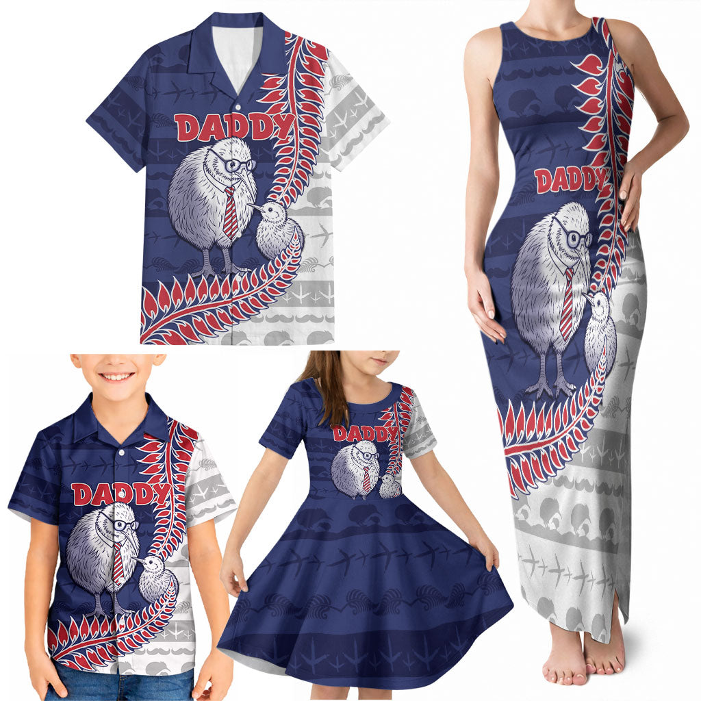 Personalised New Zealand Father's Day Family Matching Tank Maxi Dress and Hawaiian Shirt Daddy Kiwi Bird Silver Ferns