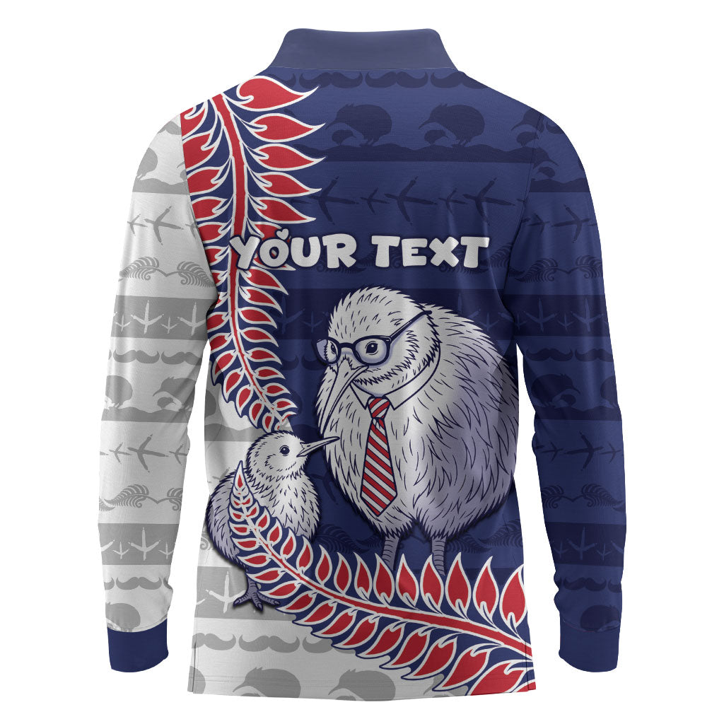 Personalised New Zealand Father's Day Long Sleeve Polo Shirt Daddy Kiwi Bird Silver Ferns