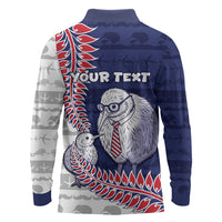 Personalised New Zealand Father's Day Long Sleeve Polo Shirt Daddy Kiwi Bird Silver Ferns