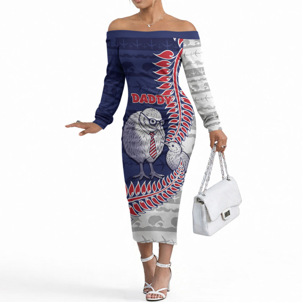 Personalised New Zealand Father's Day Off The Shoulder Long Sleeve Dress Daddy Kiwi Bird Silver Ferns