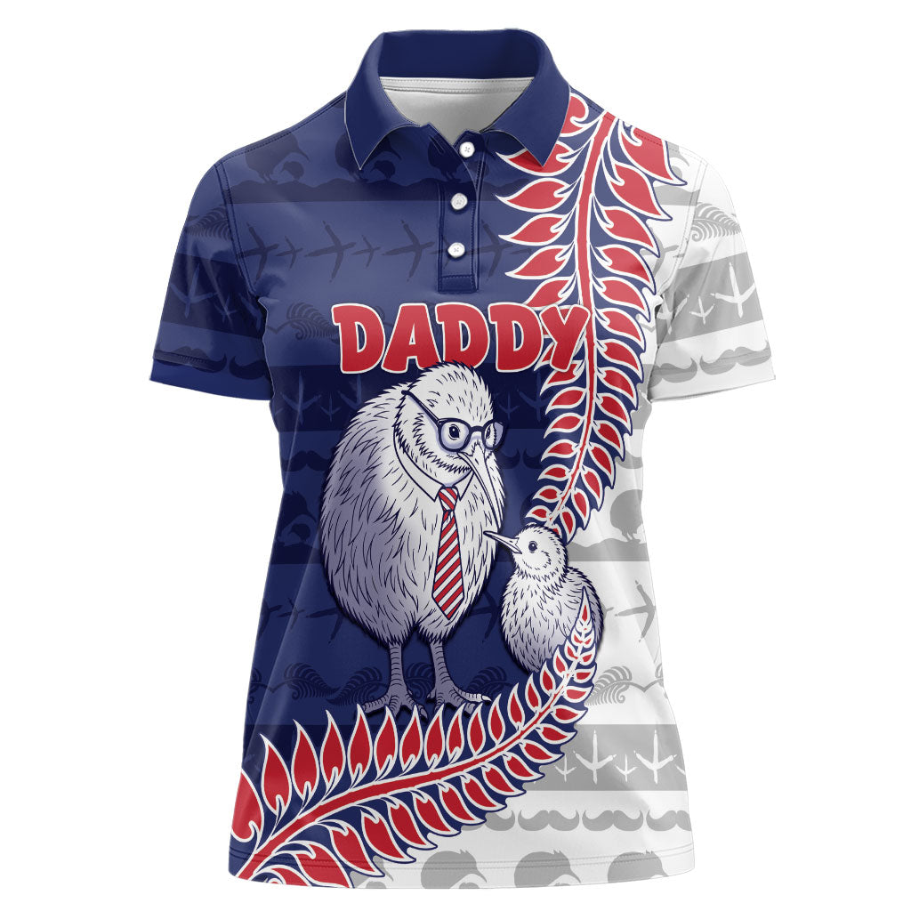 Personalised New Zealand Father's Day Women Polo Shirt Daddy Kiwi Bird Silver Ferns