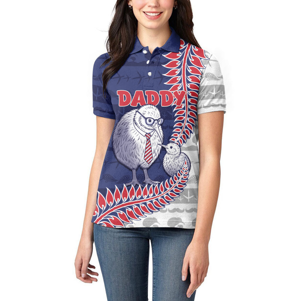Personalised New Zealand Father's Day Women Polo Shirt Daddy Kiwi Bird Silver Ferns