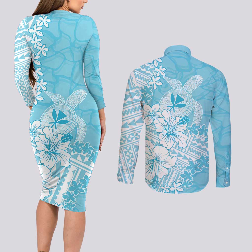 Hawaii Kanaka Maoli Couples Matching Long Sleeve Bodycon Dress and Long Sleeve Button Shirt Polynesian Turtle Tattoo