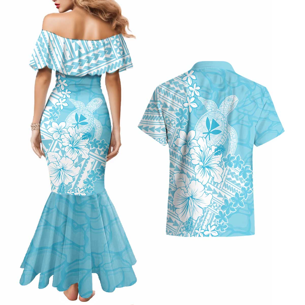 Hawaii Kanaka Maoli Couples Matching Mermaid Dress and Hawaiian Shirt Polynesian Turtle Tattoo