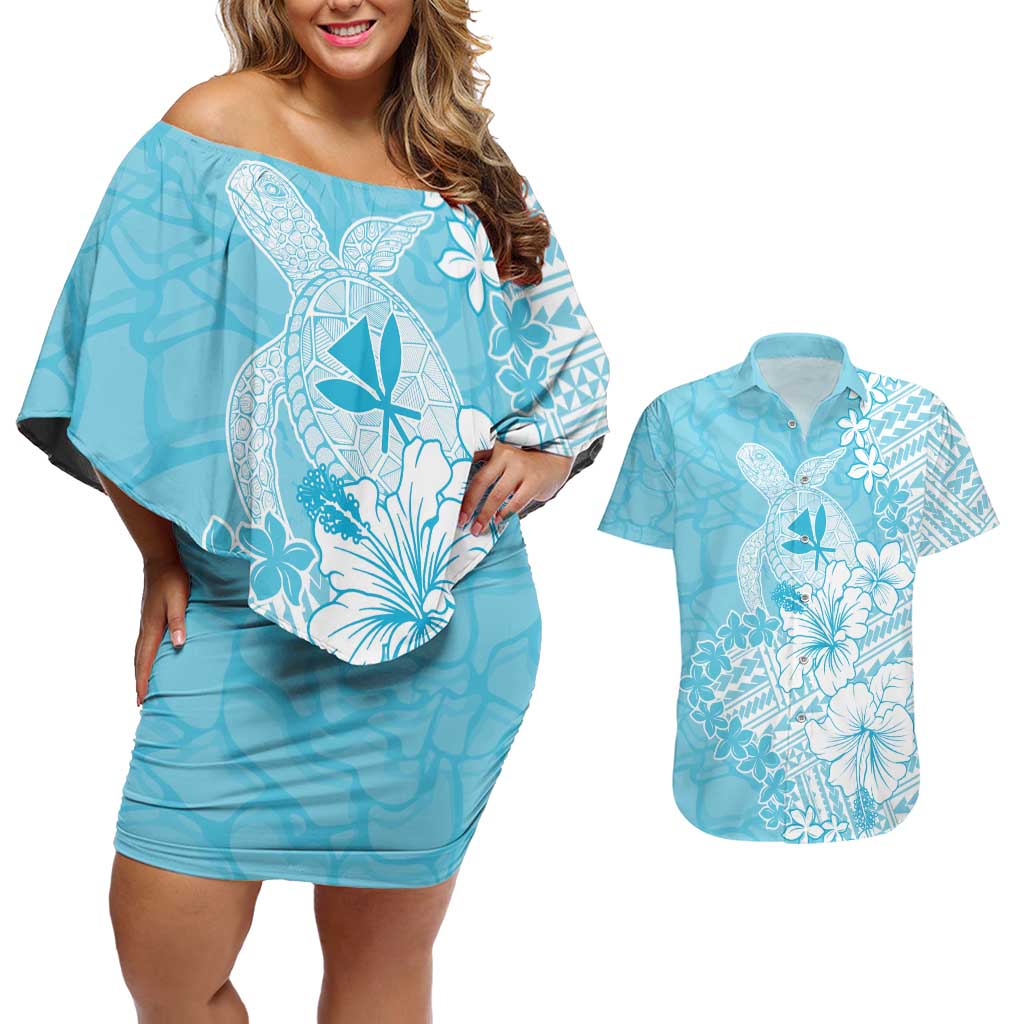 Hawaii Kanaka Maoli Couples Matching Off Shoulder Short Dress and Hawaiian Shirt Polynesian Turtle Tattoo