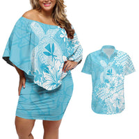 Hawaii Kanaka Maoli Couples Matching Off Shoulder Short Dress and Hawaiian Shirt Polynesian Turtle Tattoo