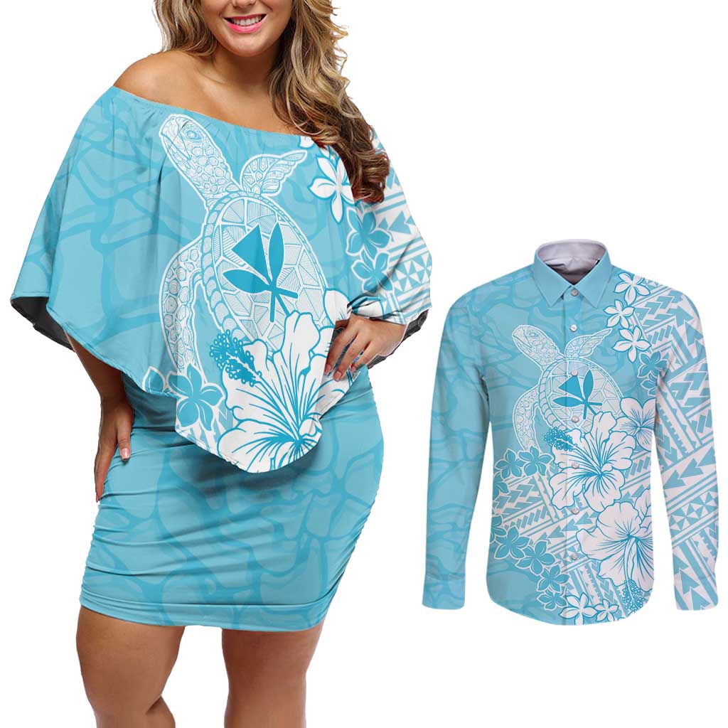 Hawaii Kanaka Maoli Couples Matching Off Shoulder Short Dress and Long Sleeve Button Shirt Polynesian Turtle Tattoo