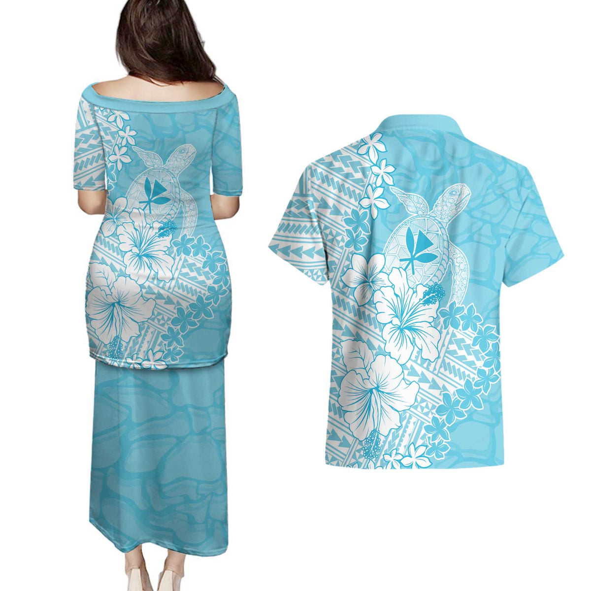 Hawaii Kanaka Maoli Couples Matching Puletasi and Hawaiian Shirt Polynesian Turtle Tattoo