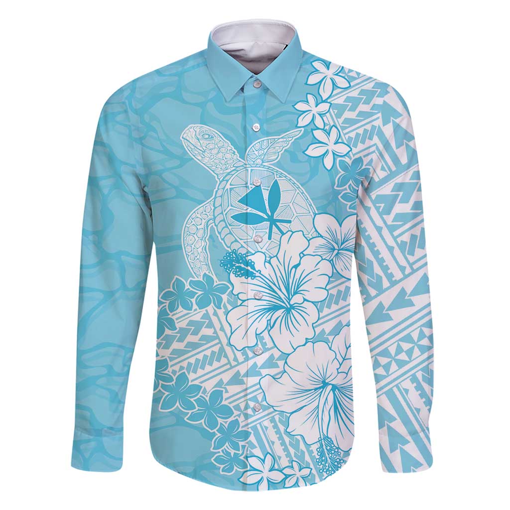 Hawaii Kanaka Maoli Family Matching Off Shoulder Maxi Dress and Hawaiian Shirt Polynesian Turtle Tattoo DT05 Dad's Shirt - Long Sleeve Blue - Polynesian Pride