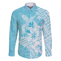 Hawaii Kanaka Maoli Family Matching Off Shoulder Maxi Dress and Hawaiian Shirt Polynesian Turtle Tattoo DT05 Dad's Shirt - Long Sleeve Blue - Polynesian Pride
