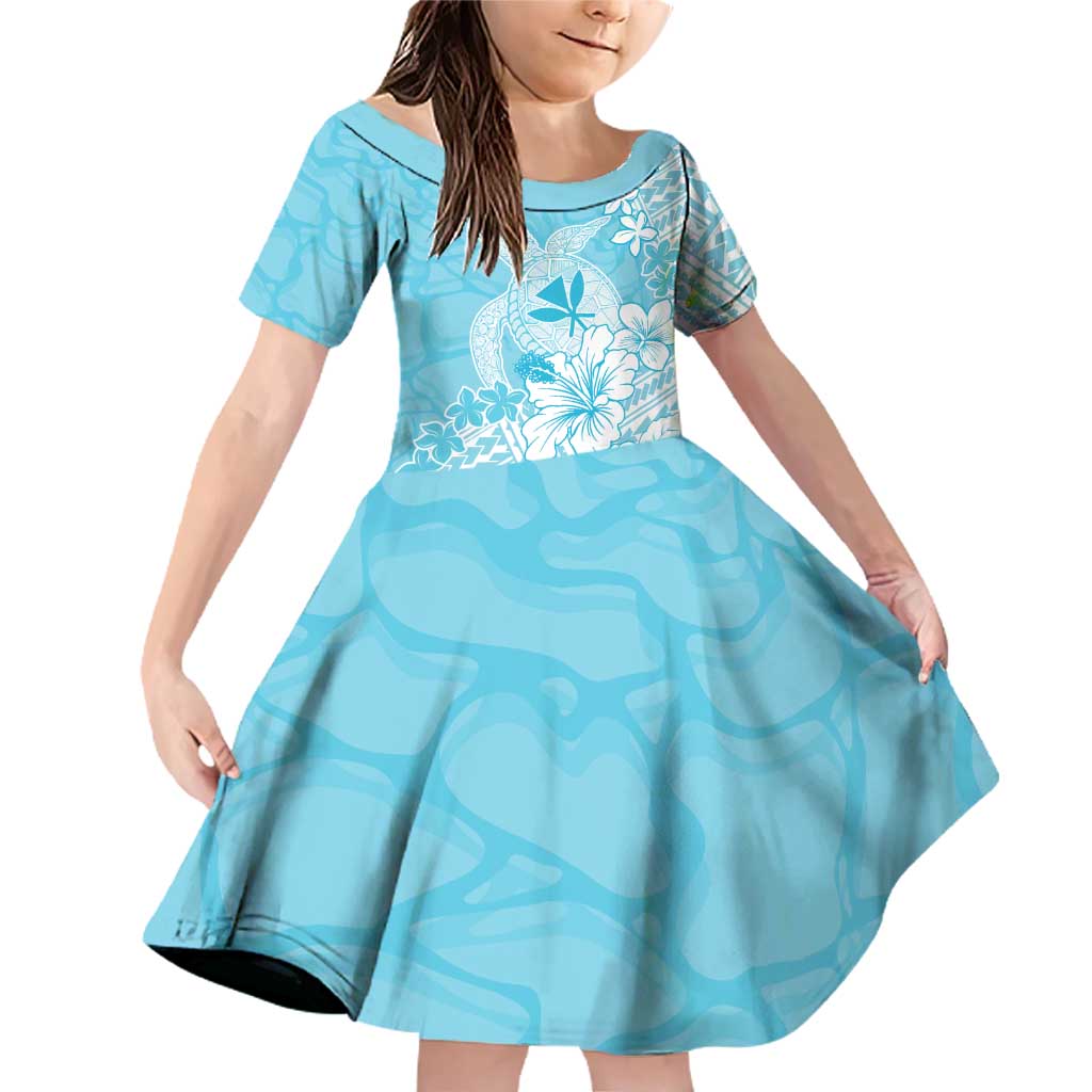 Hawaii Kanaka Maoli Family Matching Off Shoulder Short Dress and Hawaiian Shirt Polynesian Turtle Tattoo DT05 Daughter's Dress Blue - Polynesian Pride