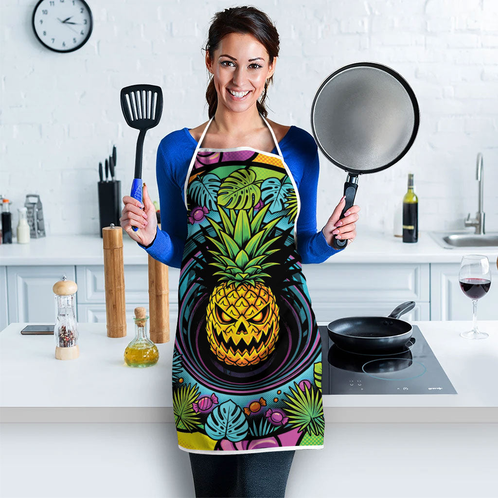 3D Illusion Pineapple Jack O Lantern Halloween Apron Tropical Spooky Fruit Monstera Swirl