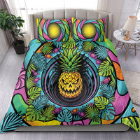 3D Illusion Pineapple Jack O Lantern Halloween Bedding Set Tropical Spooky Fruit Monstera Swirl