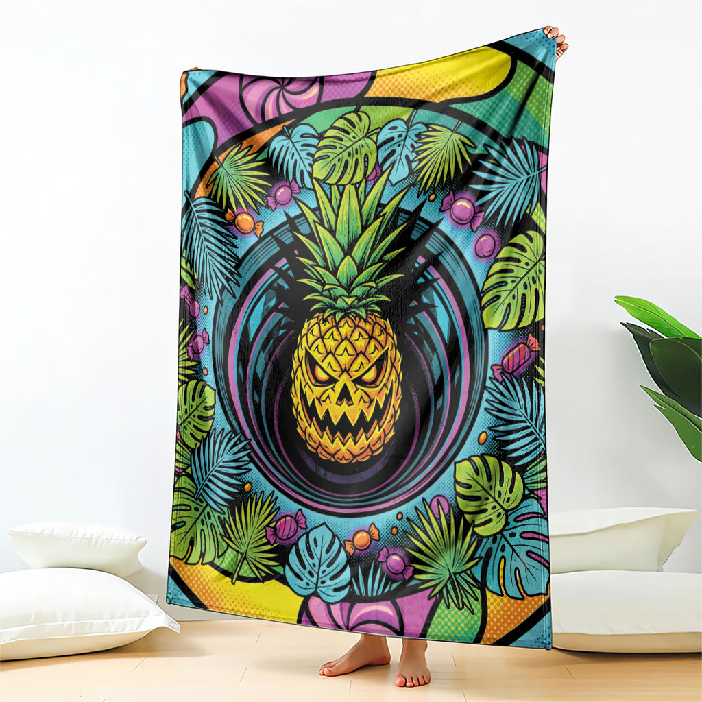 3D Illusion Pineapple Jack O Lantern Halloween Blanket Tropical Spooky Fruit Monstera Swirl