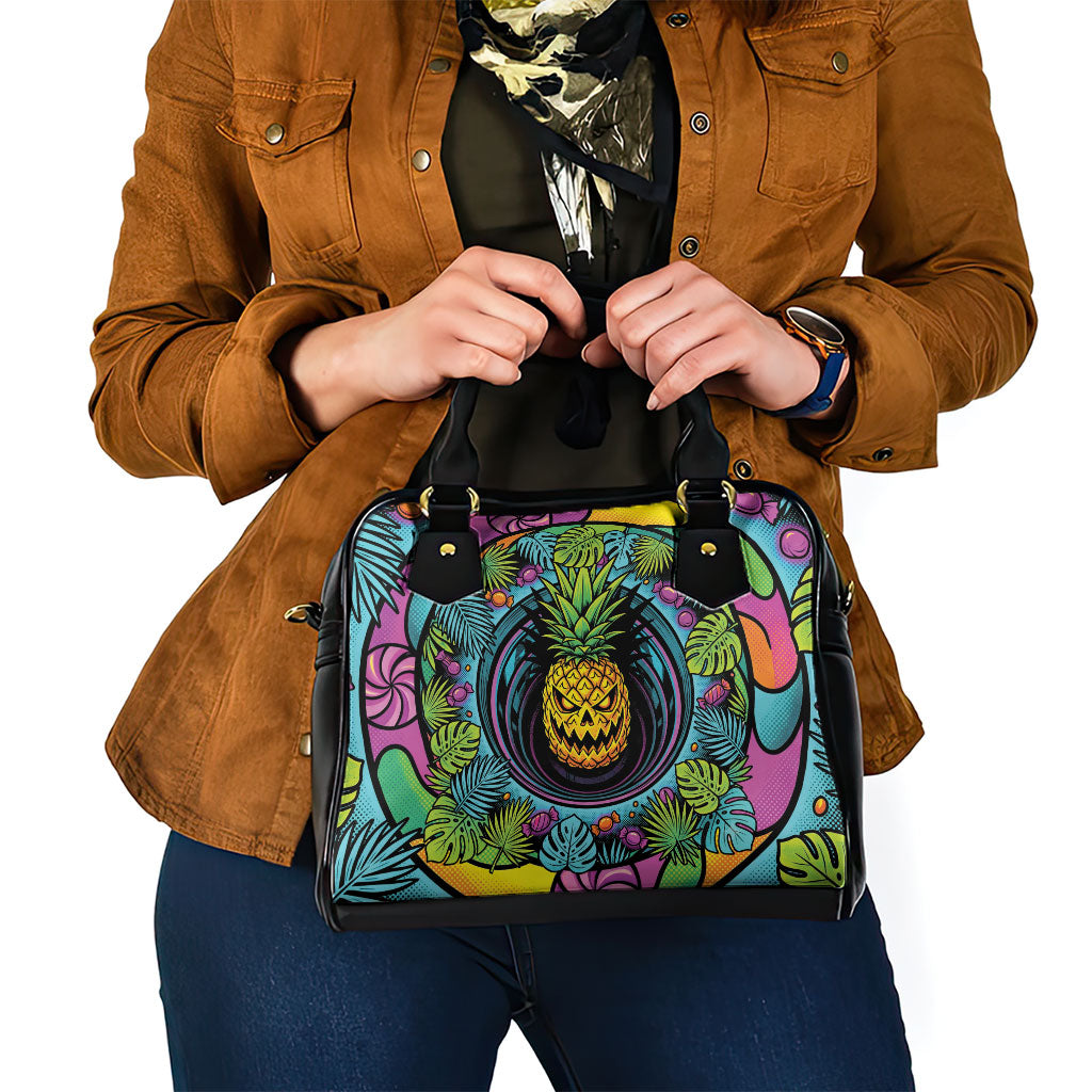 3D Illusion Pineapple Jack O Lantern Halloween Shoulder Handbag Tropical Spooky Fruit Monstera Swirl