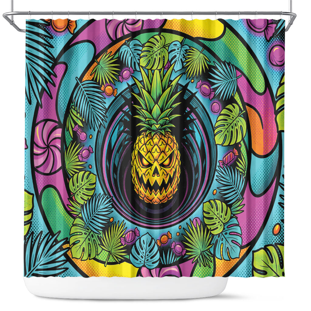 3D Illusion Pineapple Jack O Lantern Halloween Shower Curtain Tropical Spooky Fruit Monstera Swirl DT05 Colorful - Polynesian Pride