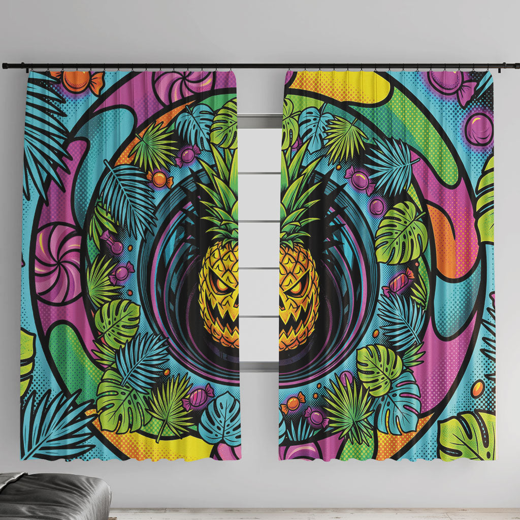 3D Illusion Pineapple Jack O Lantern Halloween Window Curtain Tropical Spooky Fruit Monstera Swirl
