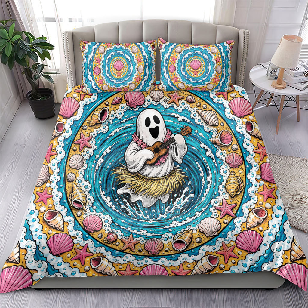3D Illusion Hula Ghost Halloween Bedding Set Hawaiian Ukulele Spirit Ocean Vortex