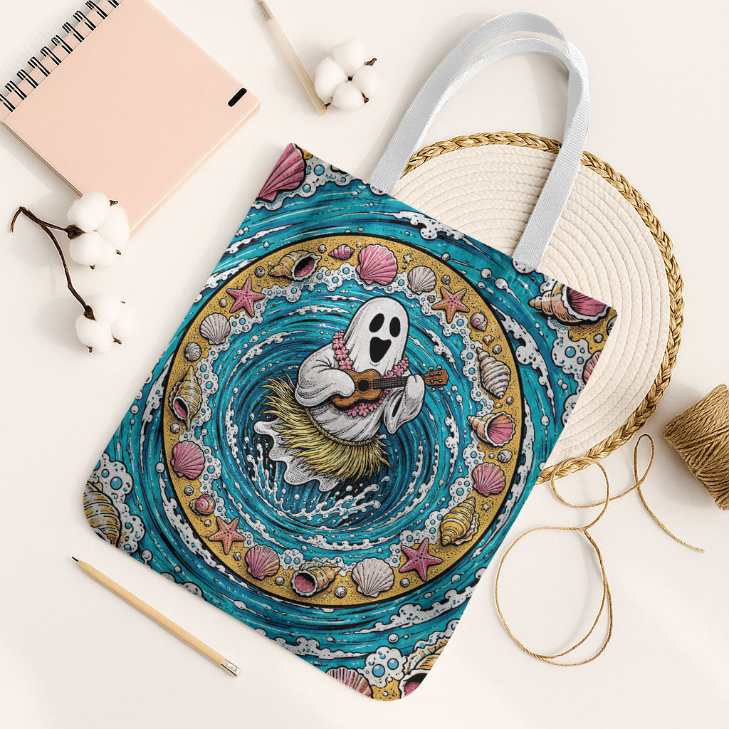 3D Illusion Hula Ghost Halloween Tote Bag Hawaiian Ukulele Spirit Ocean Vortex