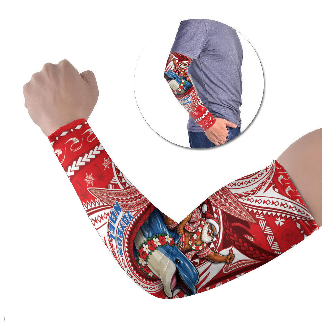 Wallis And Futuna Christmas Arm Sleeves Santa Riding Ocean Dolphin DT05 Set of 2 Red - Polynesian Pride