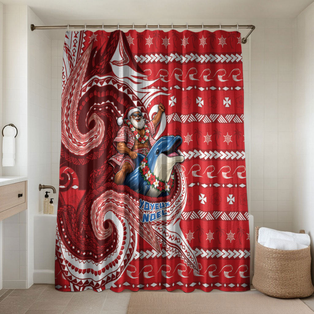 Wallis And Futuna Christmas Bathroom Set Santa Riding Ocean Dolphin DT05 Shower Curtain Only Red - Polynesian Pride
