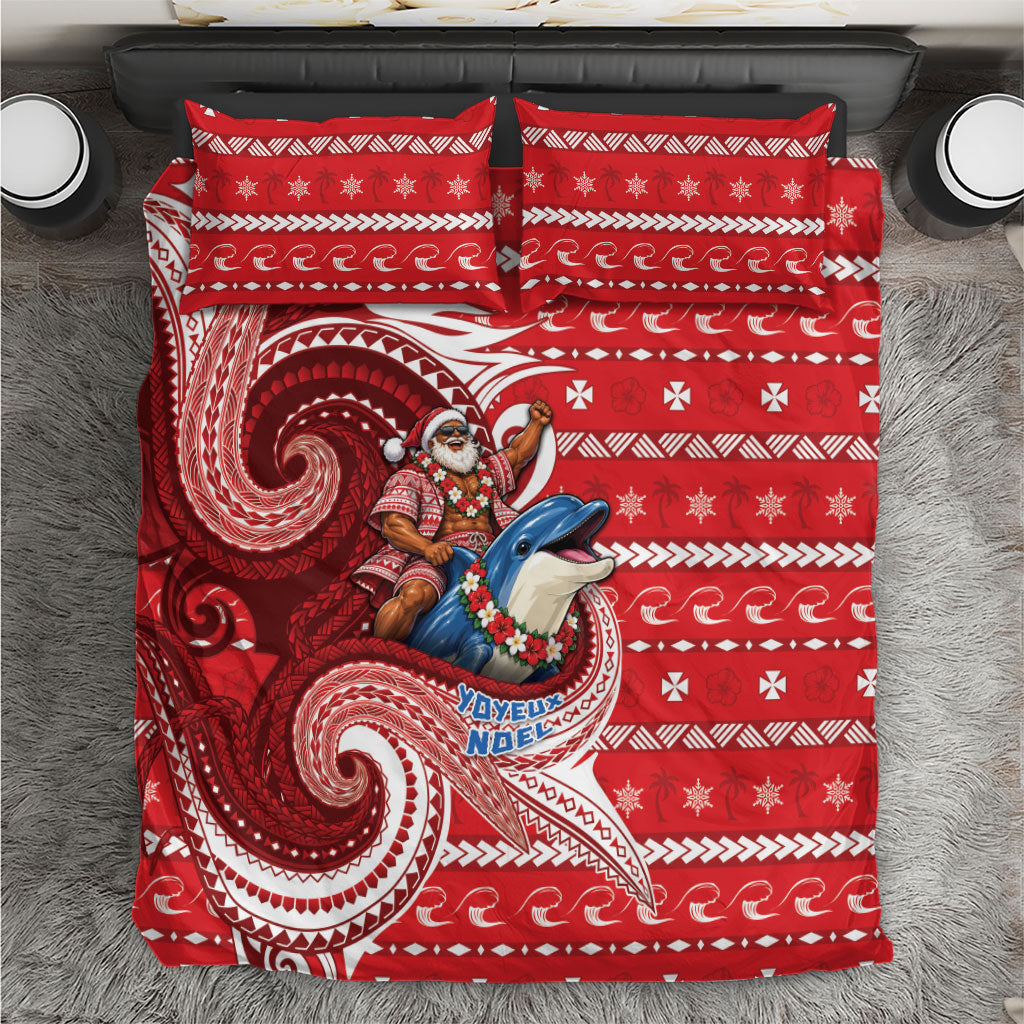 Wallis And Futuna Christmas Bedding Set Santa Riding Ocean Dolphin DT05 Red - Polynesian Pride