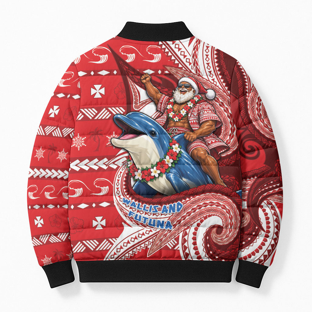 Wallis And Futuna Christmas Bomber Puffer Jacket Santa Riding Ocean Dolphin DT05 - Polynesian Pride