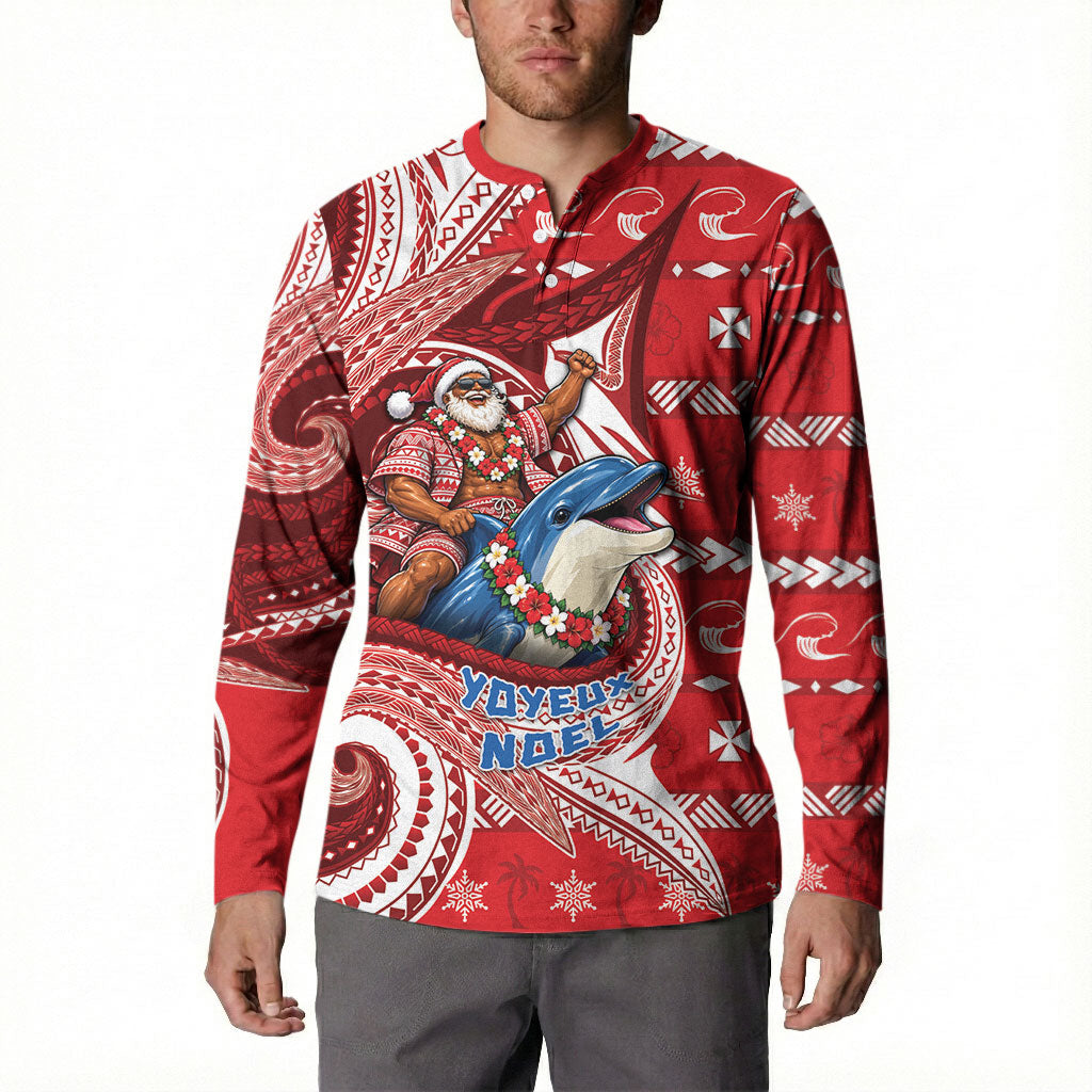 Wallis And Futuna Christmas Button Sweatshirt Santa Riding Ocean Dolphin