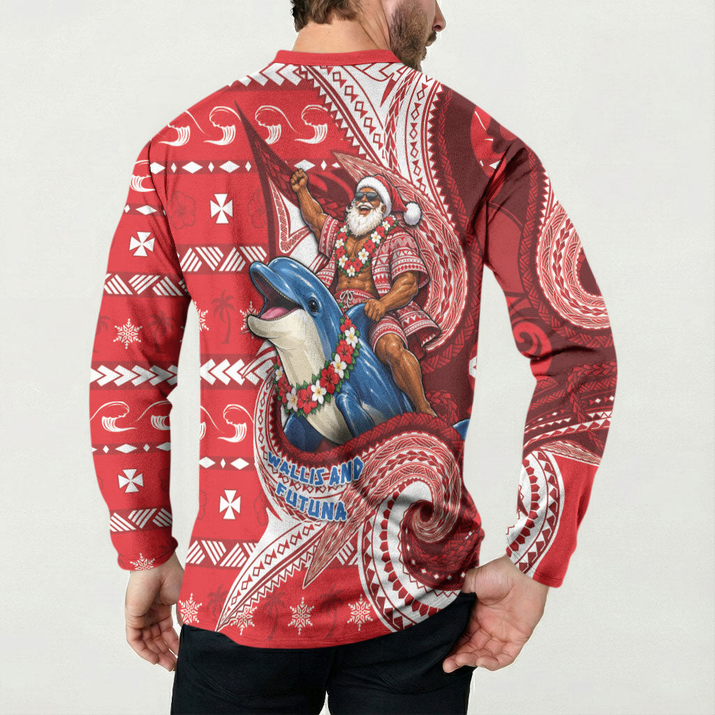 Wallis And Futuna Christmas Button Sweatshirt Santa Riding Ocean Dolphin