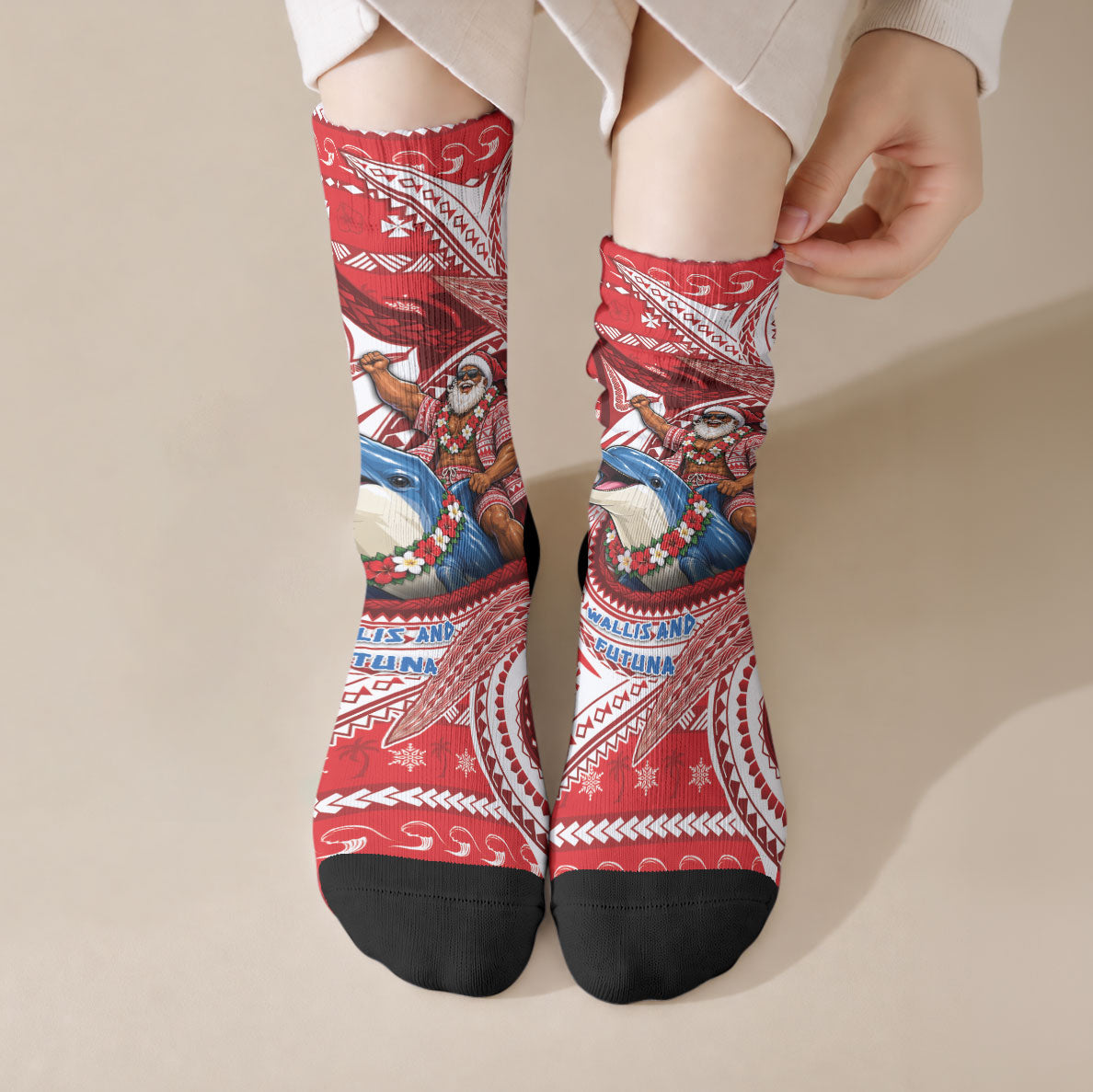 Wallis And Futuna Christmas Crew Socks Santa Riding Ocean Dolphin