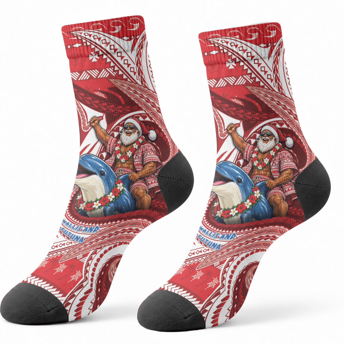Wallis And Futuna Christmas Crew Socks Santa Riding Ocean Dolphin