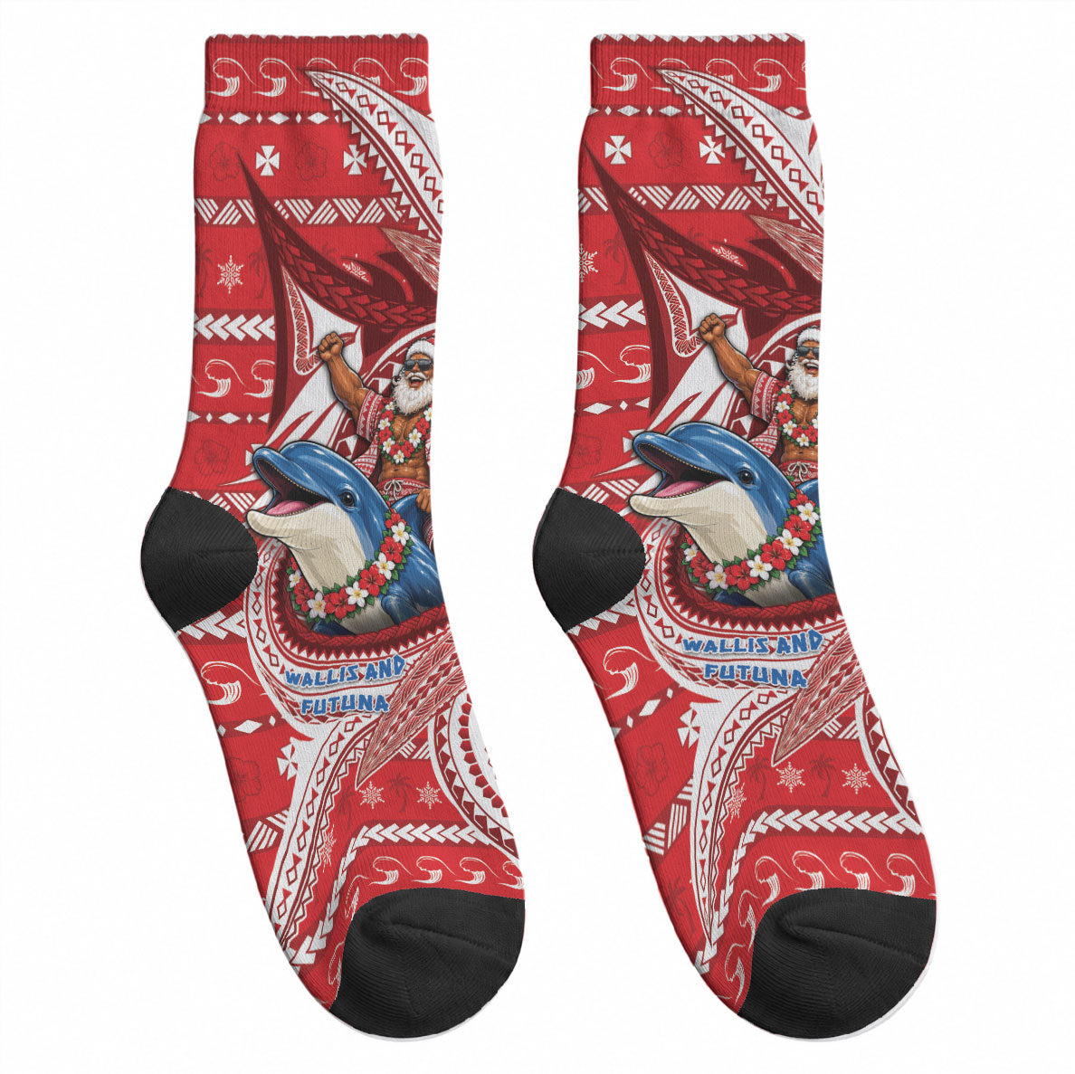 Wallis And Futuna Christmas Crew Socks Santa Riding Ocean Dolphin