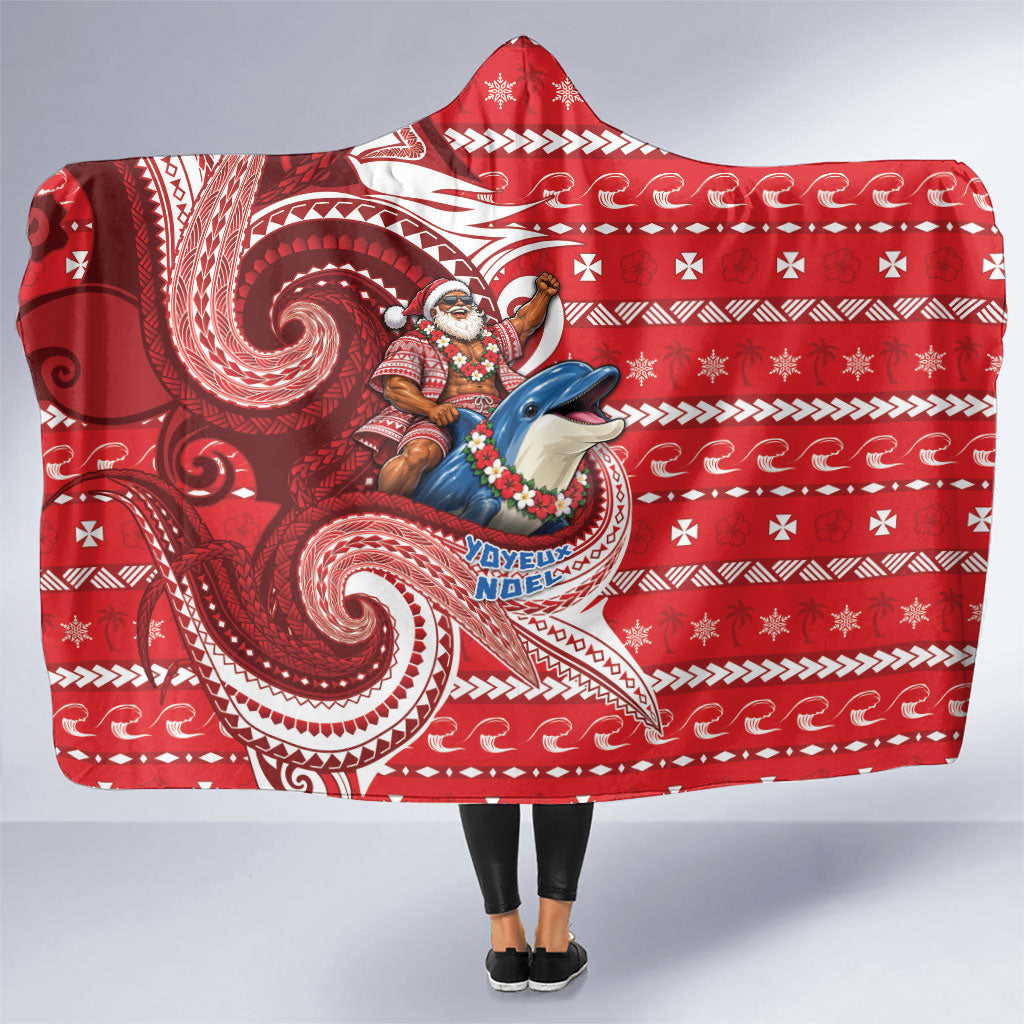 Wallis And Futuna Christmas Hooded Blanket Santa Riding Ocean Dolphin DT05 One Size Red - Polynesian Pride