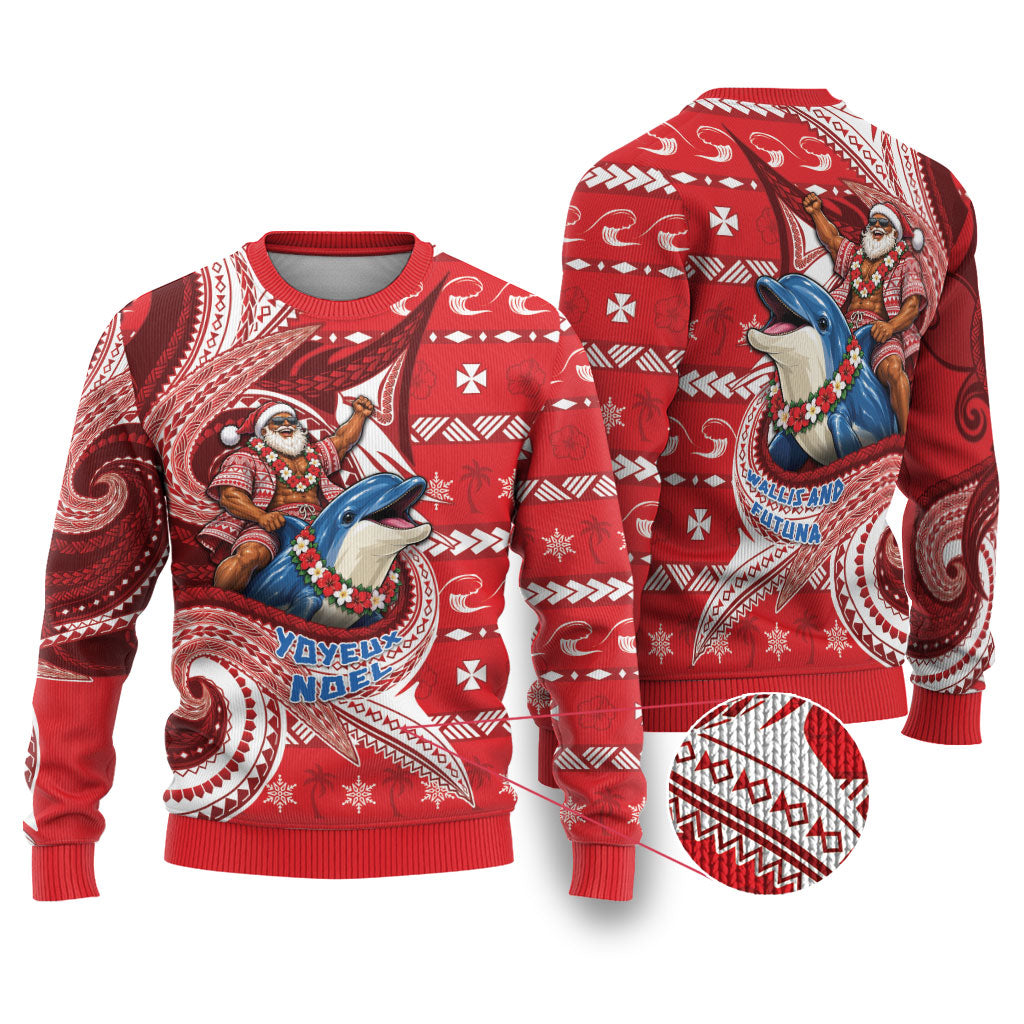 Wallis And Futuna Christmas Ugly Christmas Sweater Santa Riding Ocean Dolphin DT05 Red - Polynesian Pride
