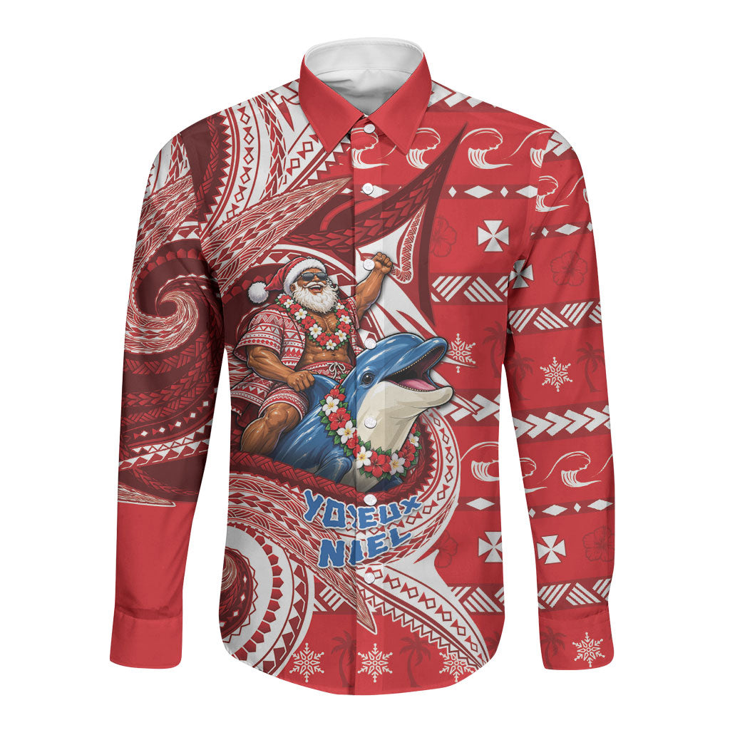 Wallis And Futuna Christmas Long Sleeve Button Shirt Santa Riding Ocean Dolphin DT05 Unisex Red - Polynesian Pride