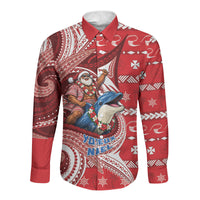 Wallis And Futuna Christmas Long Sleeve Button Shirt Santa Riding Ocean Dolphin DT05 Unisex Red - Polynesian Pride