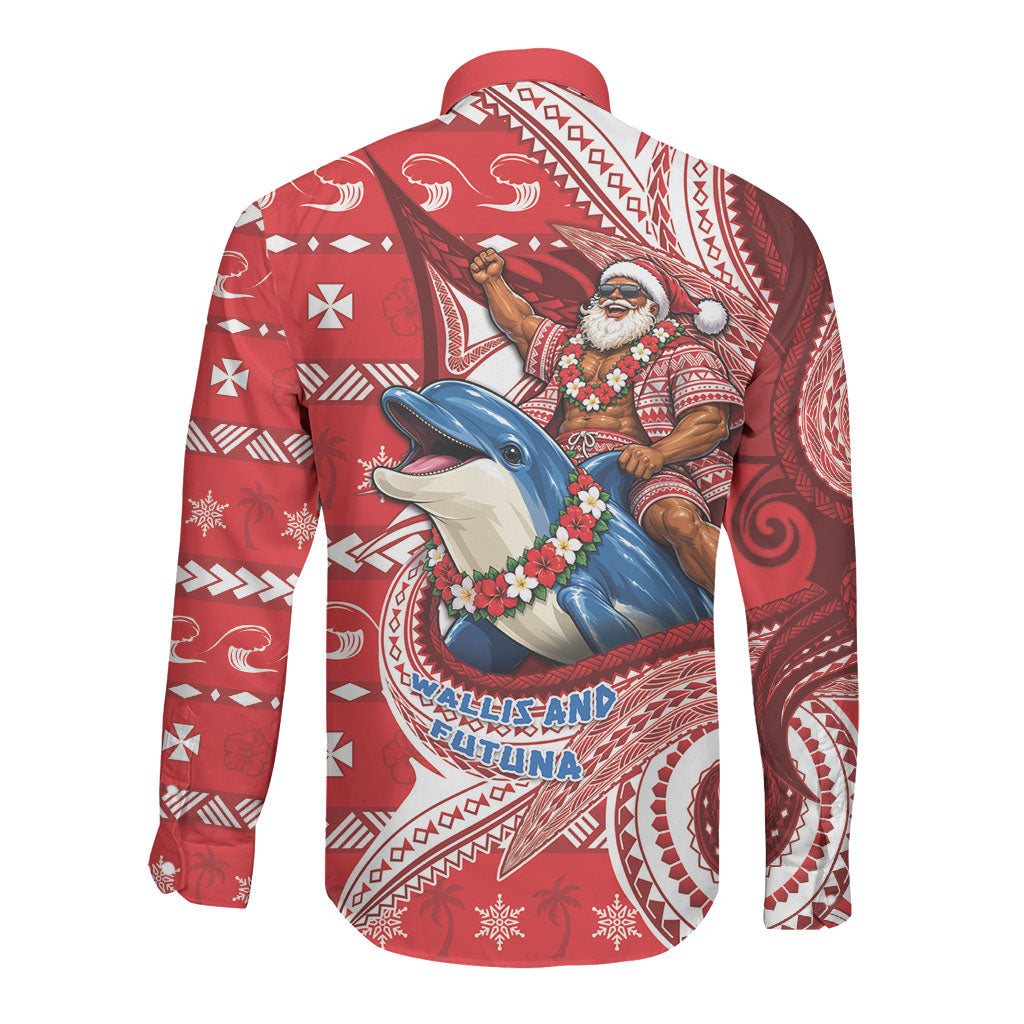 Wallis And Futuna Christmas Long Sleeve Button Shirt Santa Riding Ocean Dolphin DT05 - Polynesian Pride