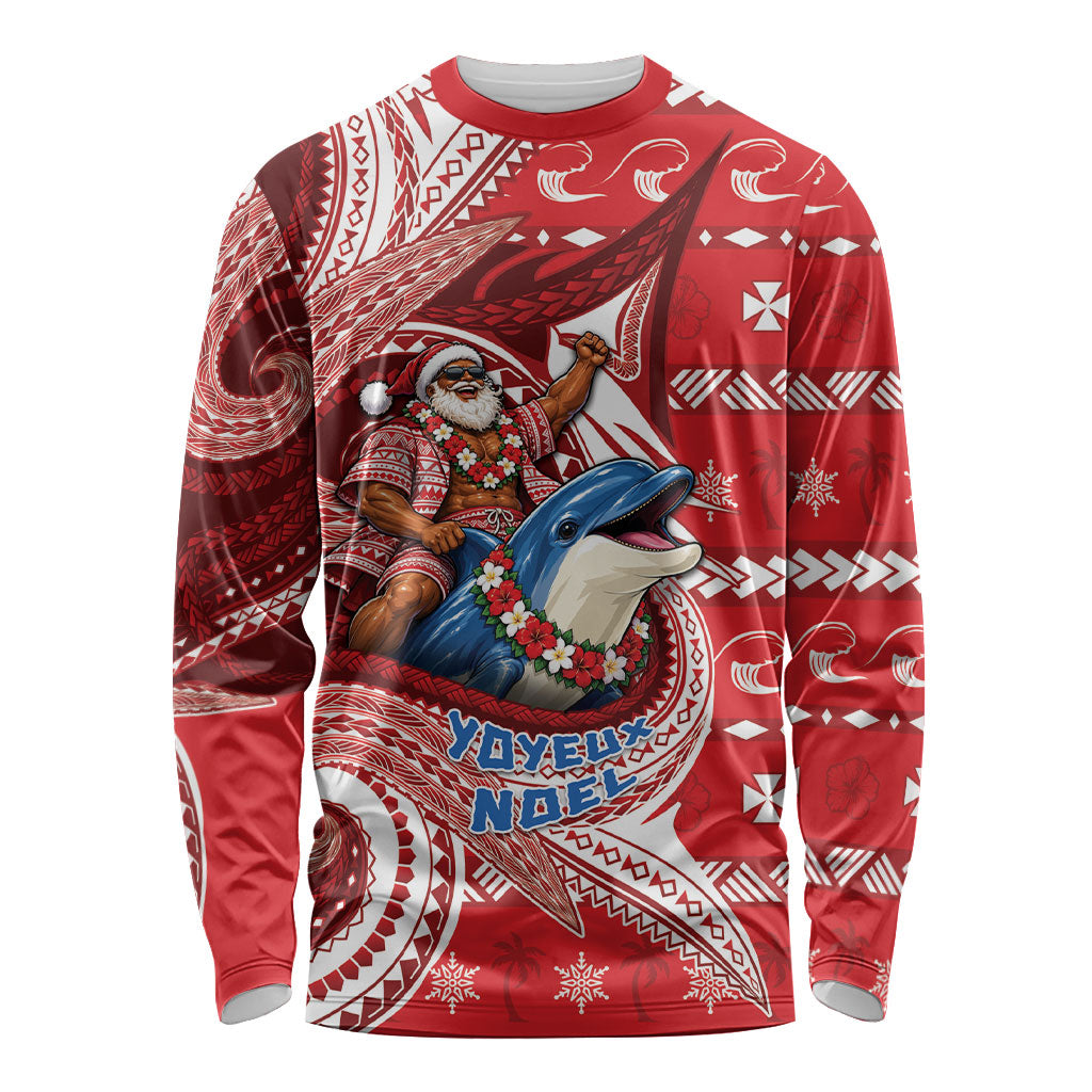 Wallis And Futuna Christmas Long Sleeve Shirt Santa Riding Ocean Dolphin DT05 Unisex Red - Polynesian Pride